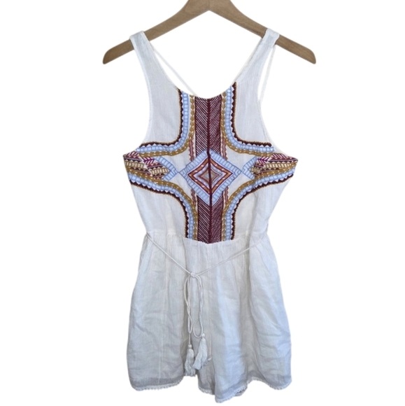 Vitamin A | Racquel Red Blue Tan Aztec Embroidered Romper in Ivory Size Small 6 - Picture 1 of 8